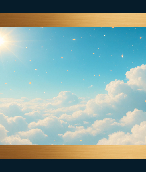 Blue sky with fluffy white clouds and a bright sun on the left, framed by gold bars at the top and bottom.